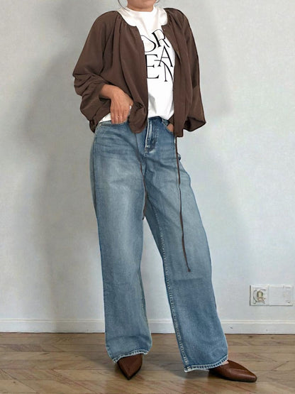 Suede like ギャザーラウンドネックブラウス