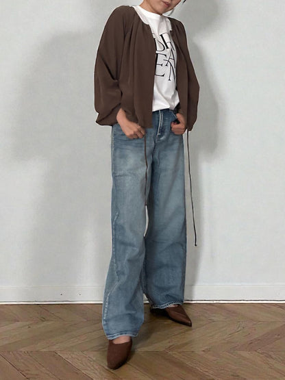 Suede like ギャザーラウンドネックブラウス