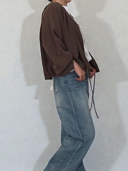 Suede like ギャザーラウンドネックブラウス
