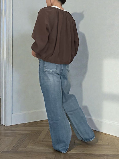 Suede like ギャザーラウンドネックブラウス