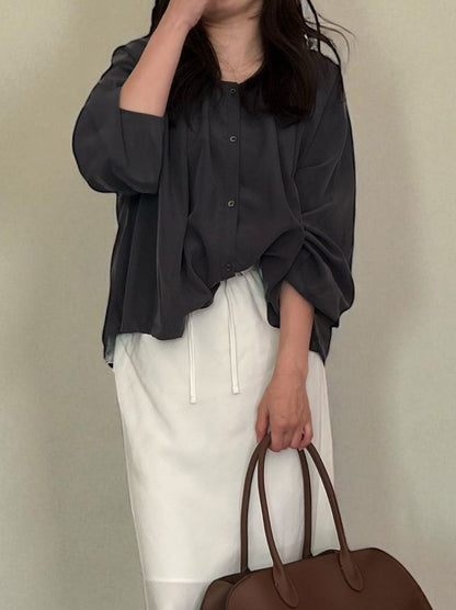 Suede like ギャザーラウンドネックブラウス