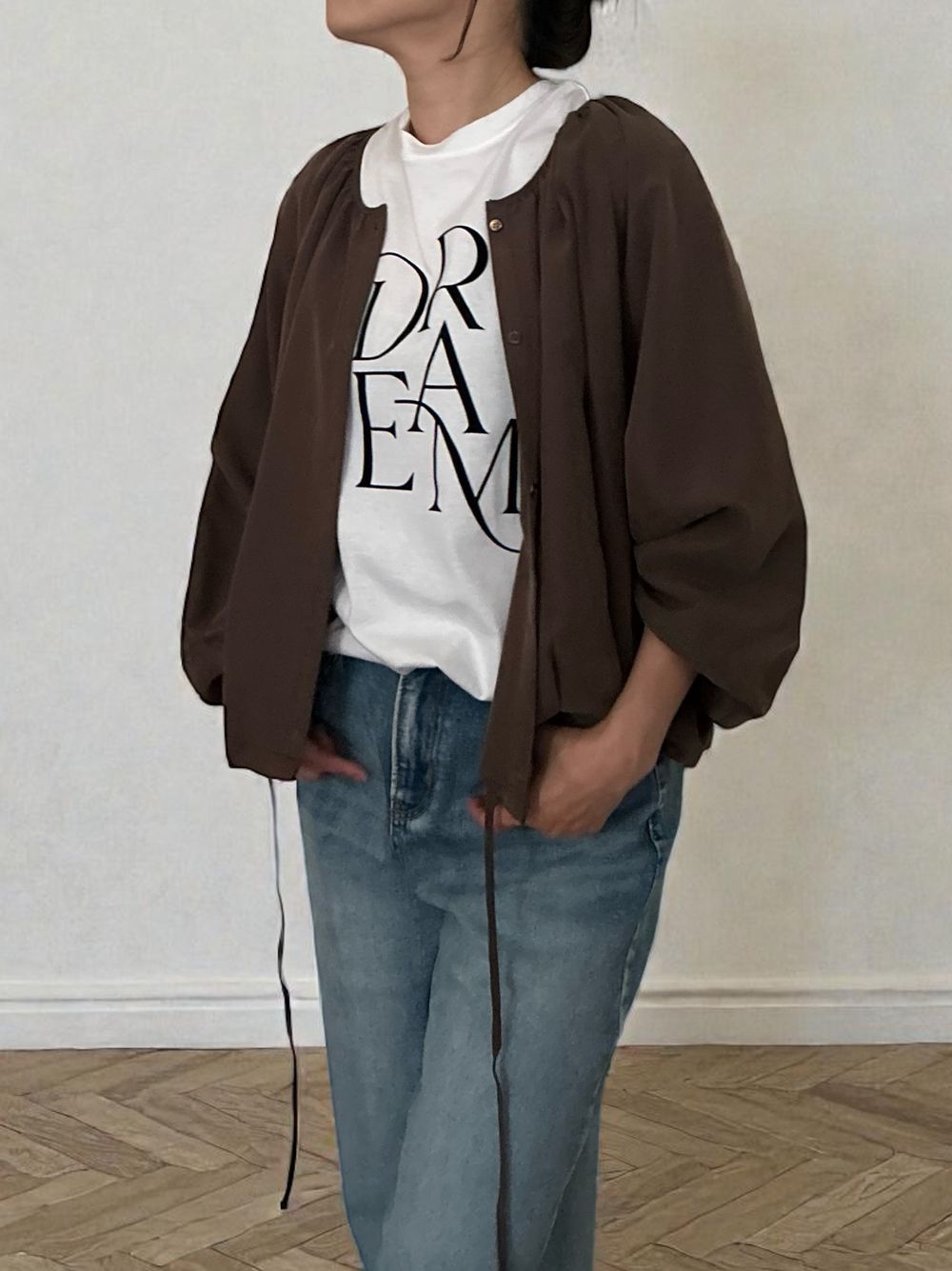 Suede like ギャザーラウンドネックブラウス