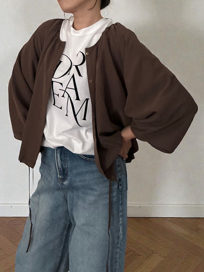 Suede like ギャザーラウンドネックブラウス