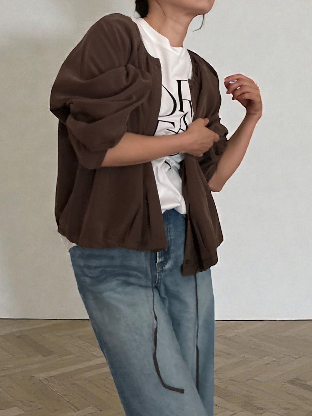 Suede like ギャザーラウンドネックブラウス