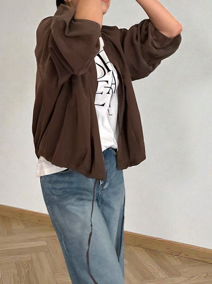 Suede like ギャザーラウンドネックブラウス