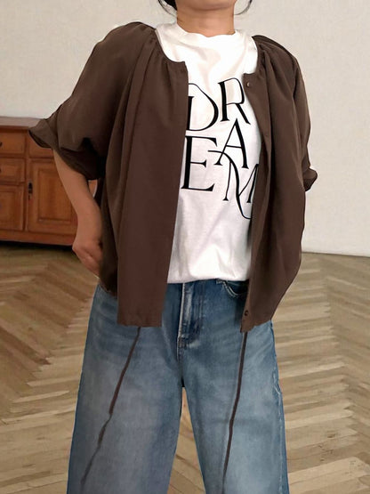 Suede like ギャザーラウンドネックブラウス