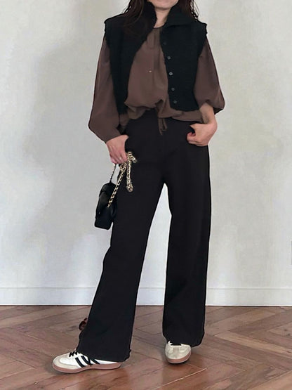 Suede like ギャザーラウンドネックブラウス