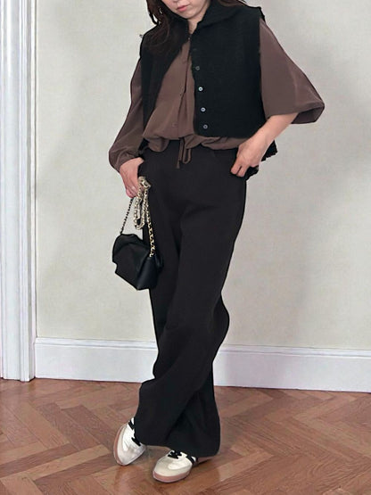 Suede like ギャザーラウンドネックブラウス