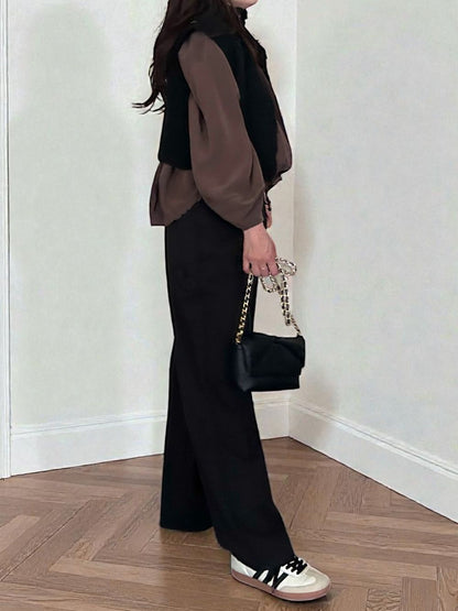 Suede like ギャザーラウンドネックブラウス