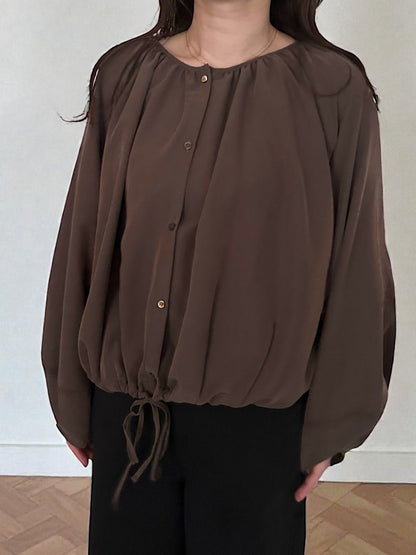 Suede like ギャザーラウンドネックブラウス