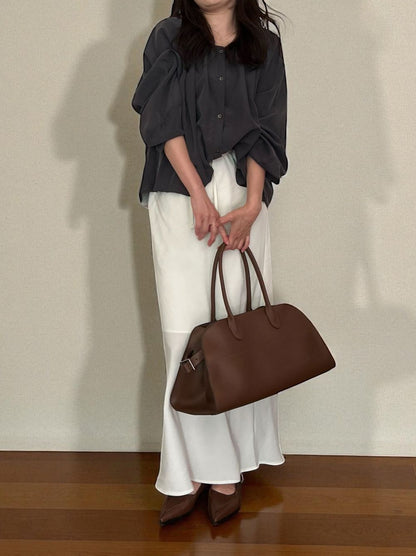 Suede like ギャザーラウンドネックブラウス