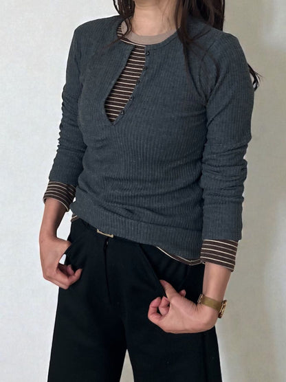Comfortableヘンリーネックリブカットソー