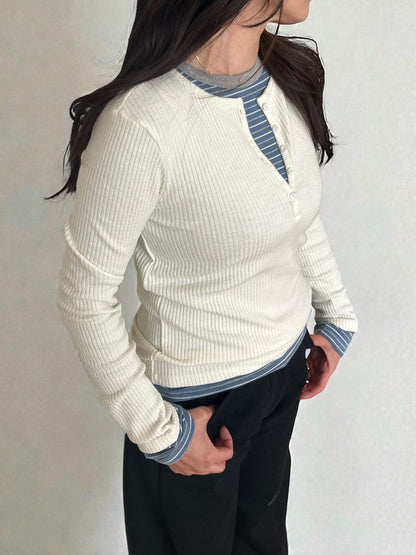 Comfortableヘンリーネックリブカットソー