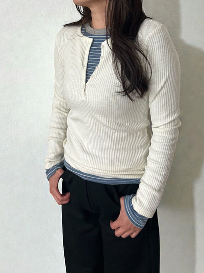 Comfortableヘンリーネックリブカットソー