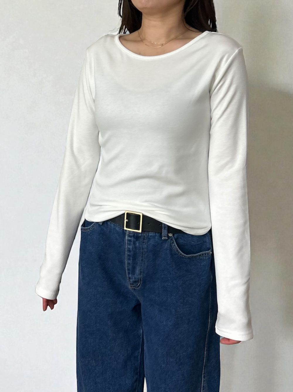 Curved hemlineフリースラウンドネックカットソー