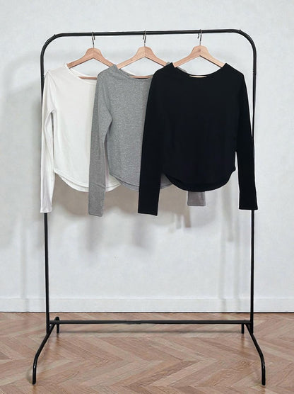 Curved hemlineフリースラウンドネックカットソー