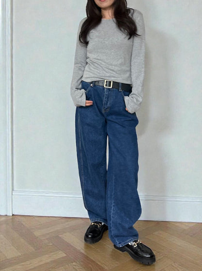 Curved hemlineフリースラウンドネックカットソー