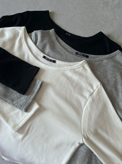 Curved hemlineフリースラウンドネックカットソー