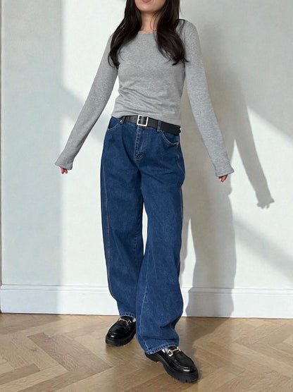 Curved hemlineフリースラウンドネックカットソー