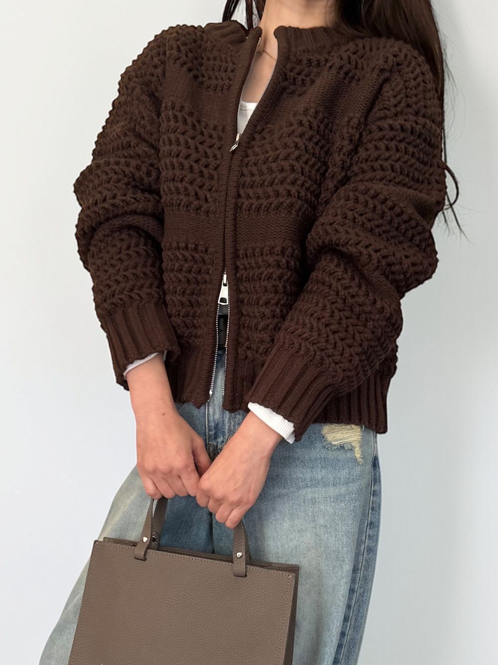 Crochet クルーネックジップアップニット