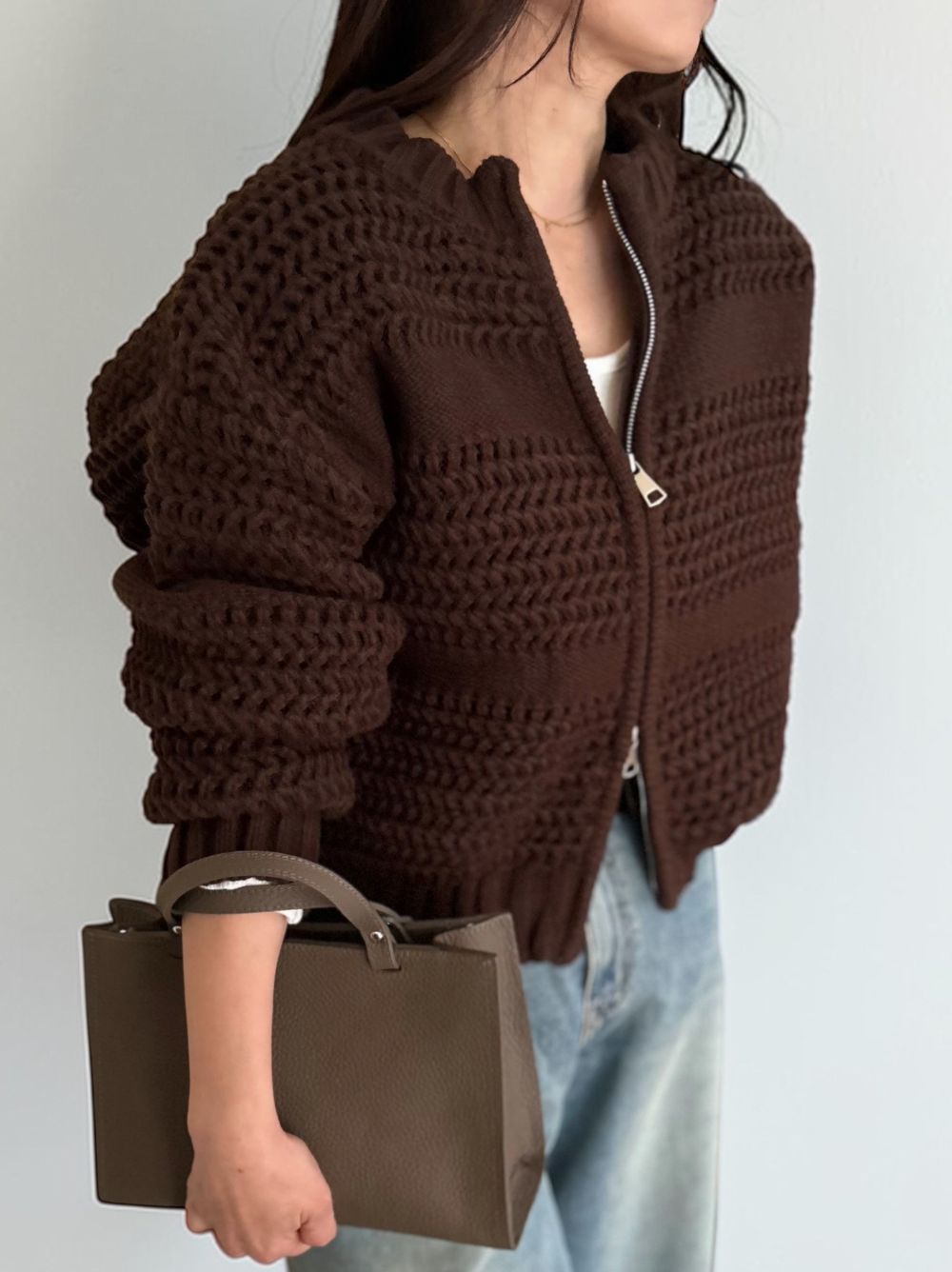 Crochet クルーネックジップアップニット