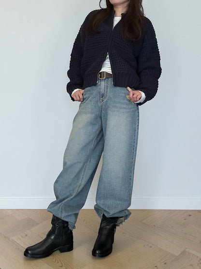 Crochet クルーネックジップアップニット