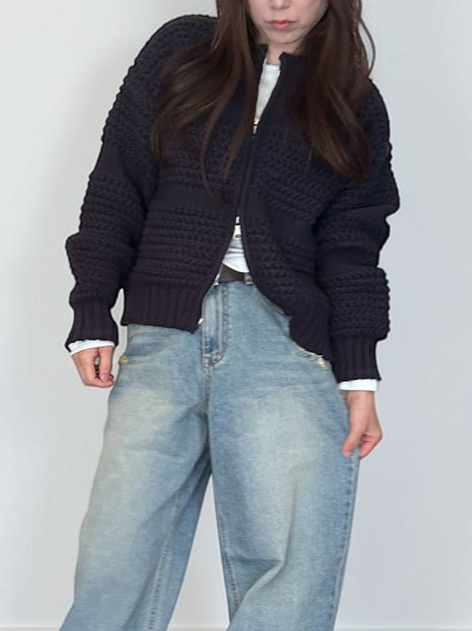 Crochet クルーネックジップアップニット