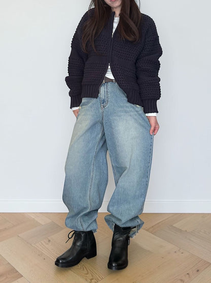 Crochet クルーネックジップアップニット