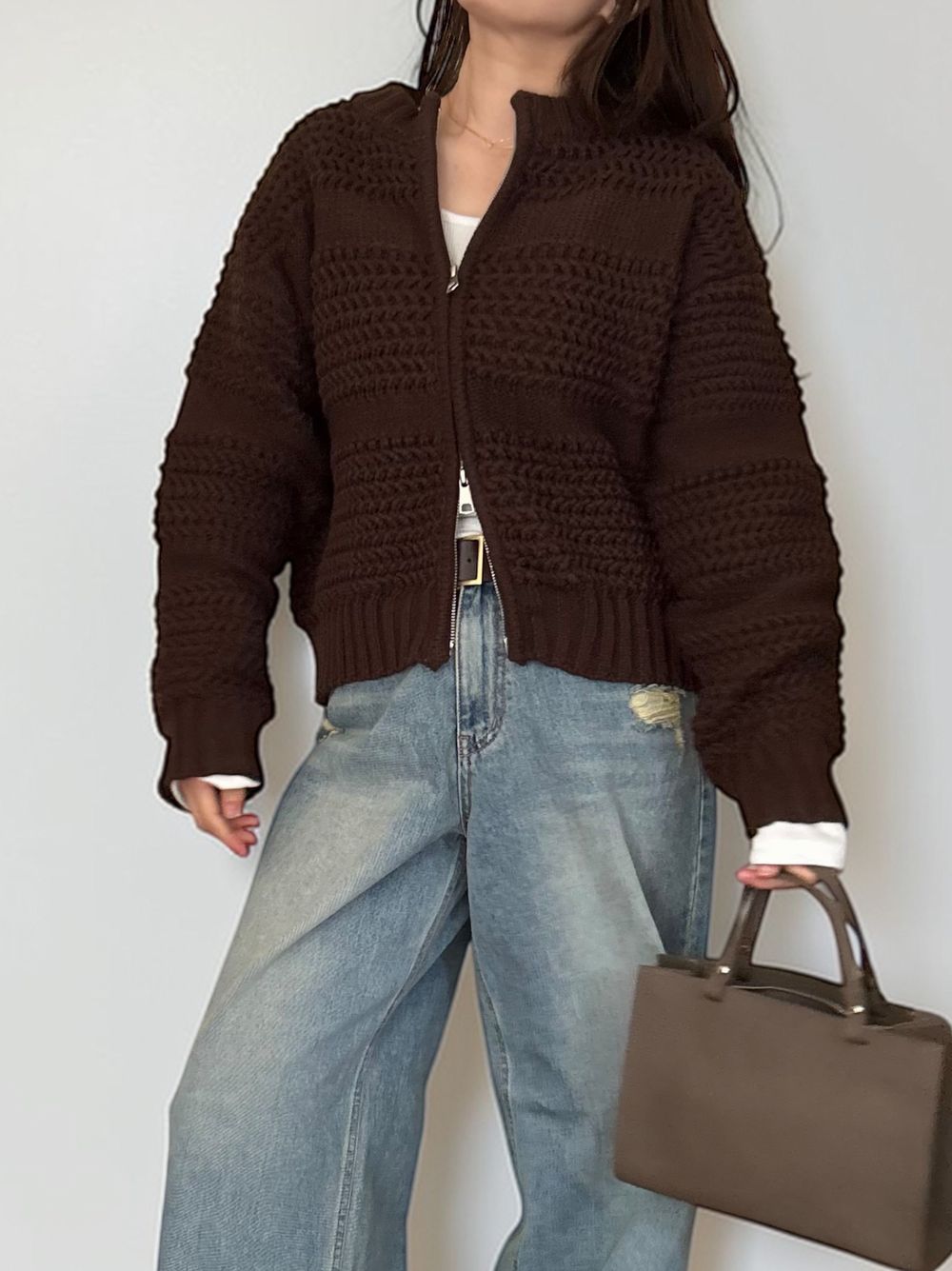 Crochet クルーネックジップアップニット