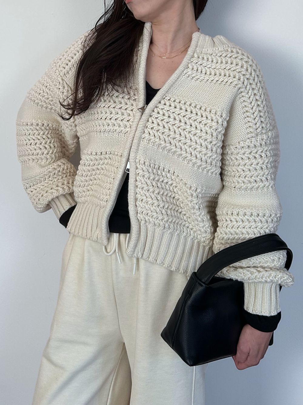 Crochet クルーネックジップアップニット