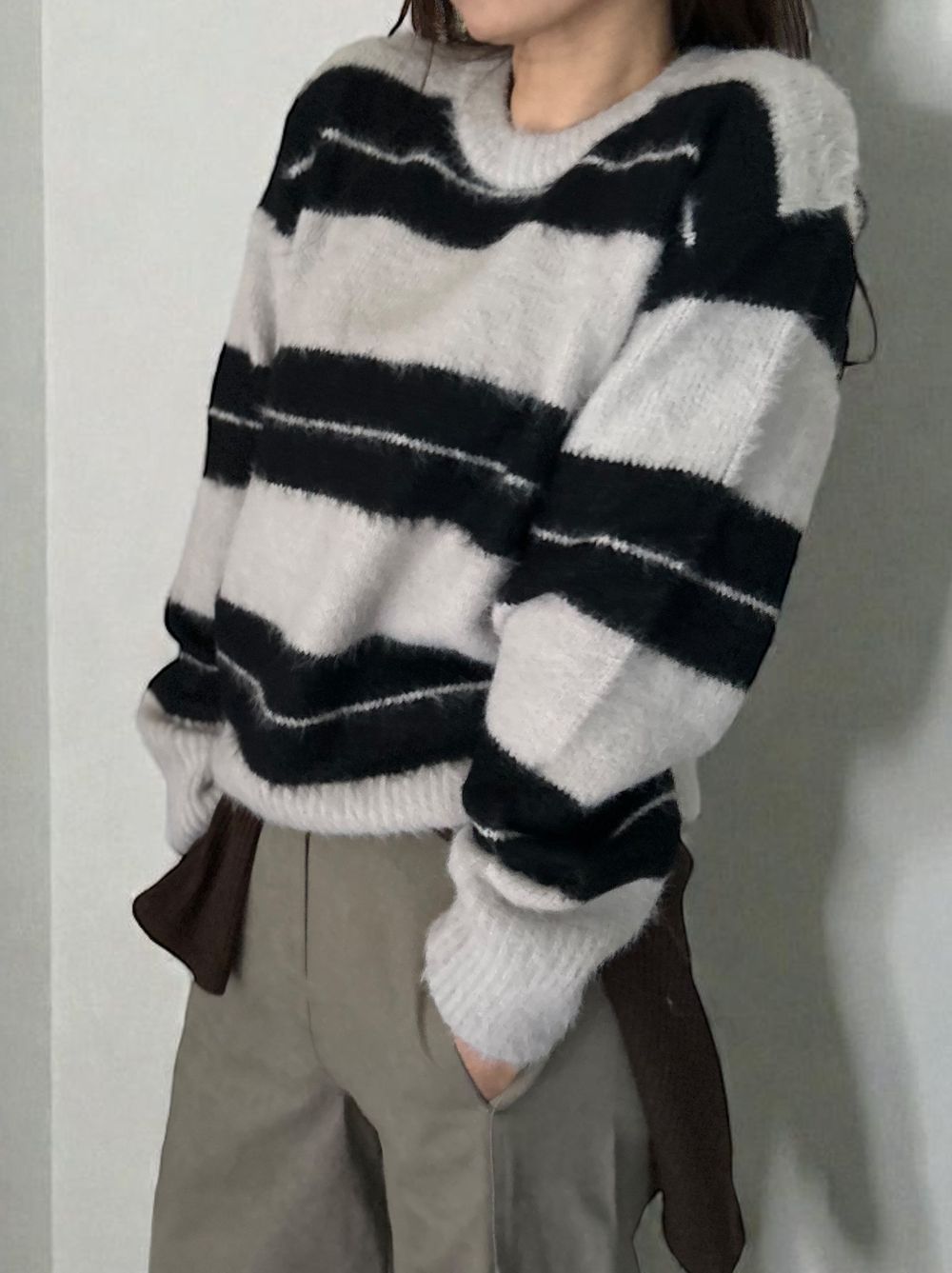 Mohair like shaggy ワイドボーダーニット