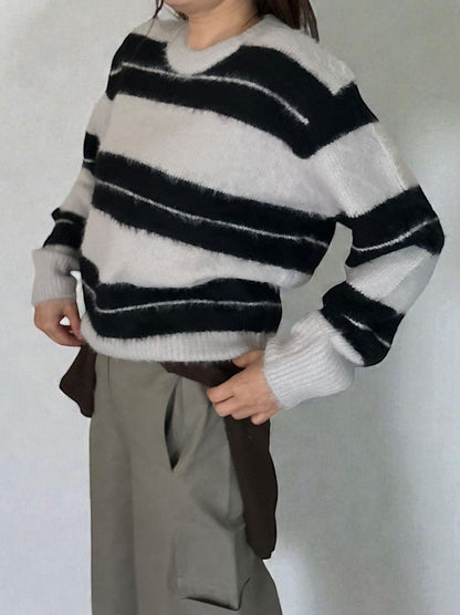 Mohair like shaggy ワイドボーダーニット