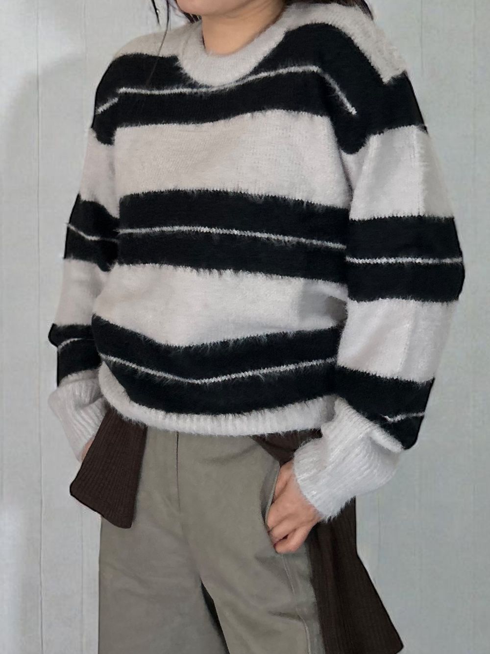 Mohair like shaggy ワイドボーダーニット