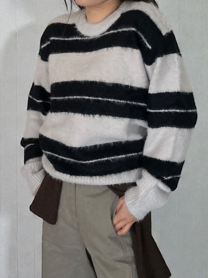 Mohair like shaggy ワイドボーダーニット