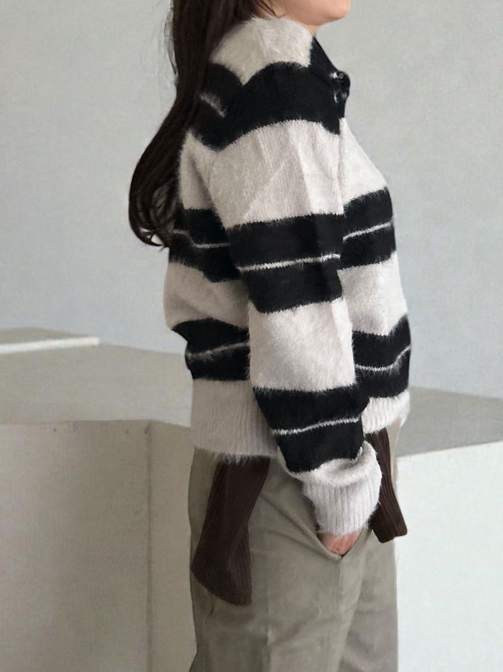 Mohair like shaggy ワイドボーダーニット