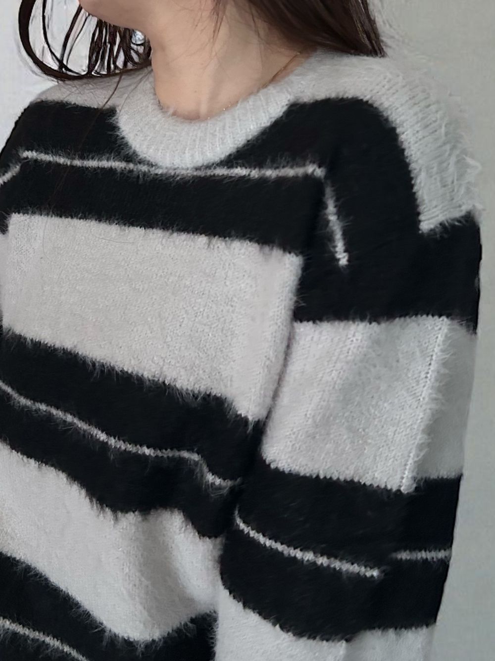 Mohair like shaggy ワイドボーダーニット