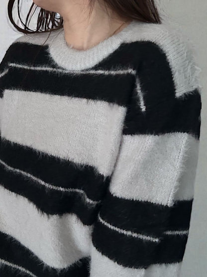 Mohair like shaggy ワイドボーダーニット