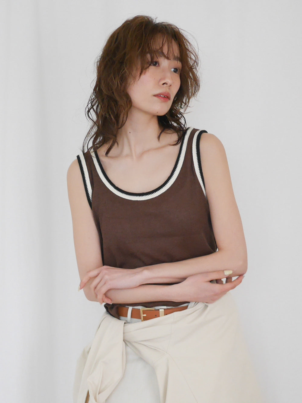 Bicolor sleevelessワッフルニットトップス