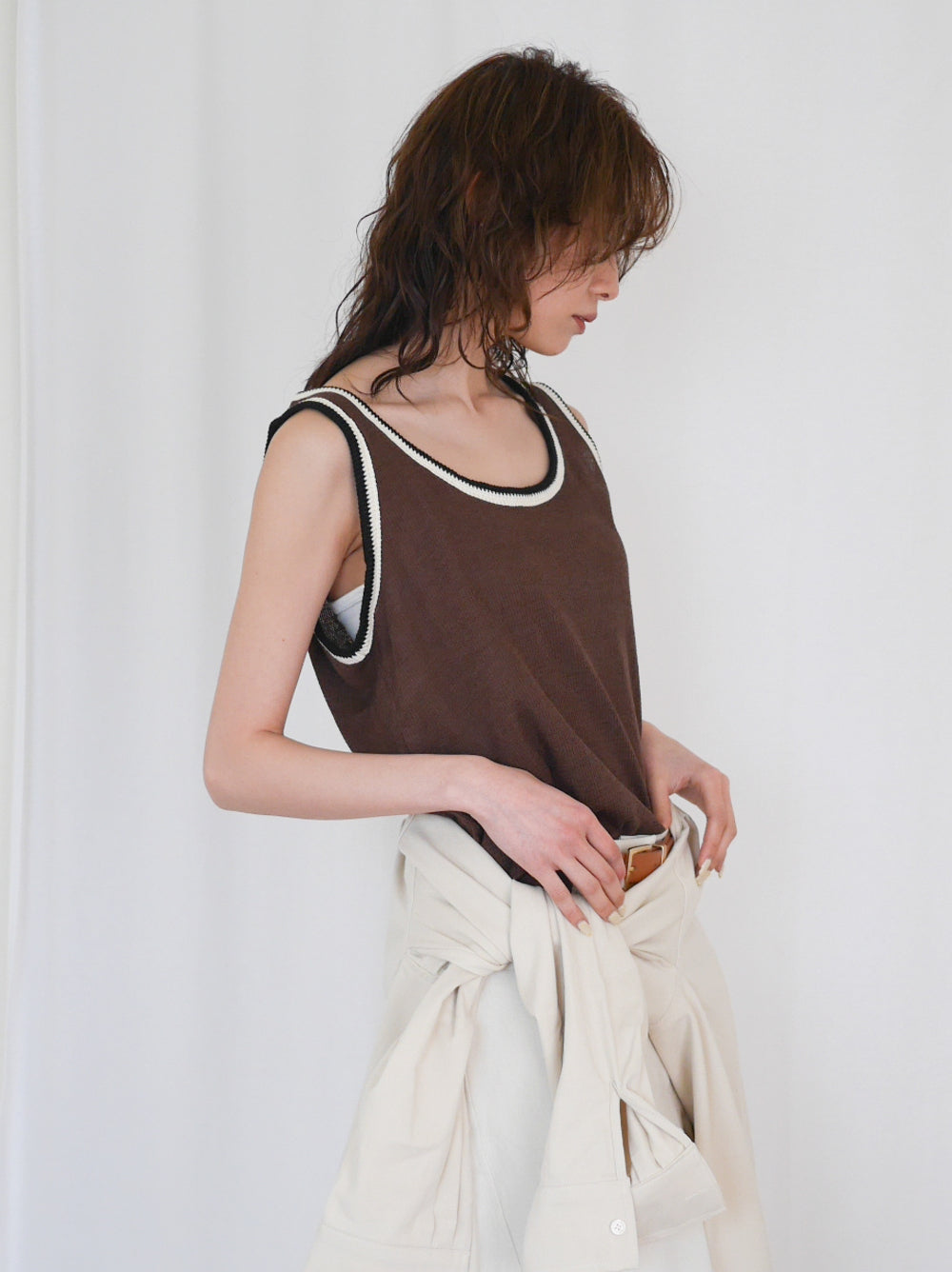 Bicolor sleevelessワッフルニットトップス