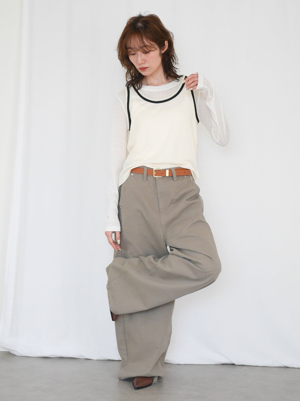 Bicolor sleevelessワッフルニットトップス