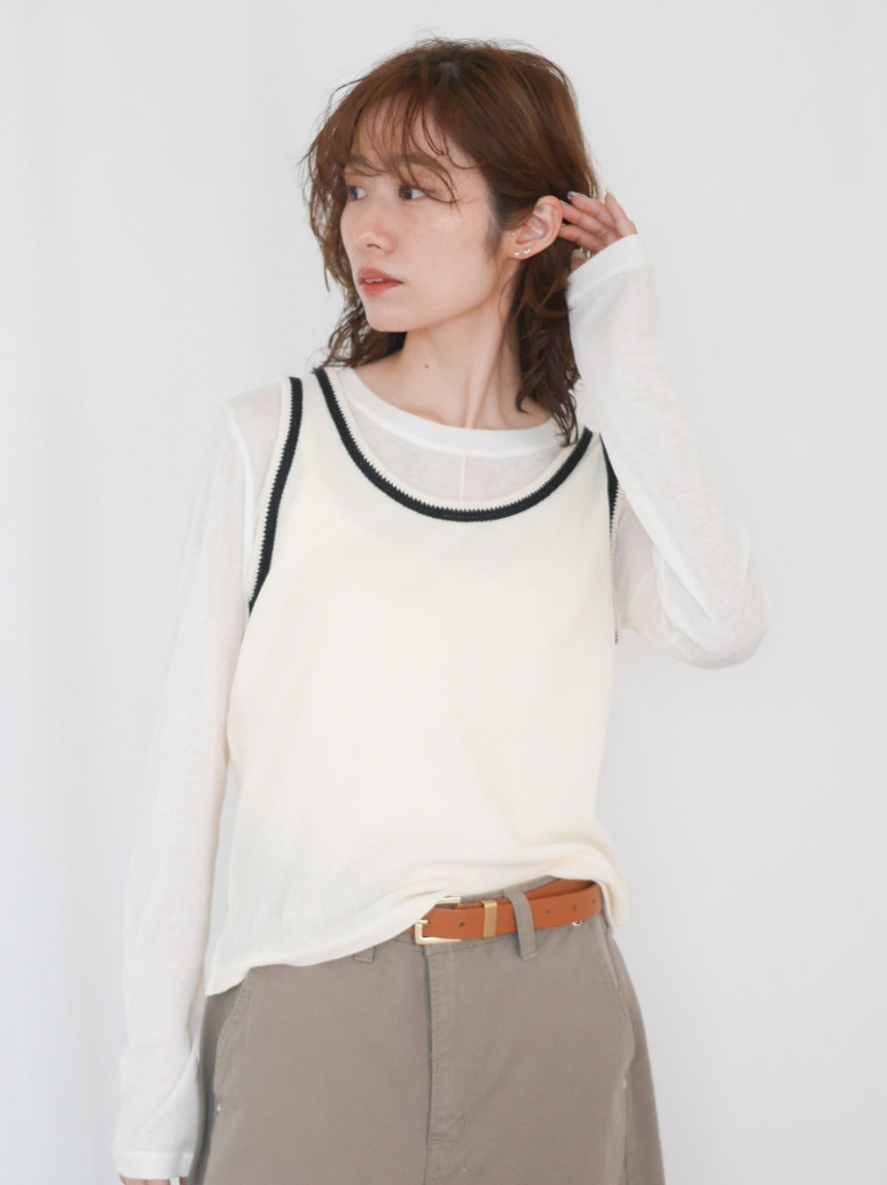 Bicolor sleevelessワッフルニットトップス