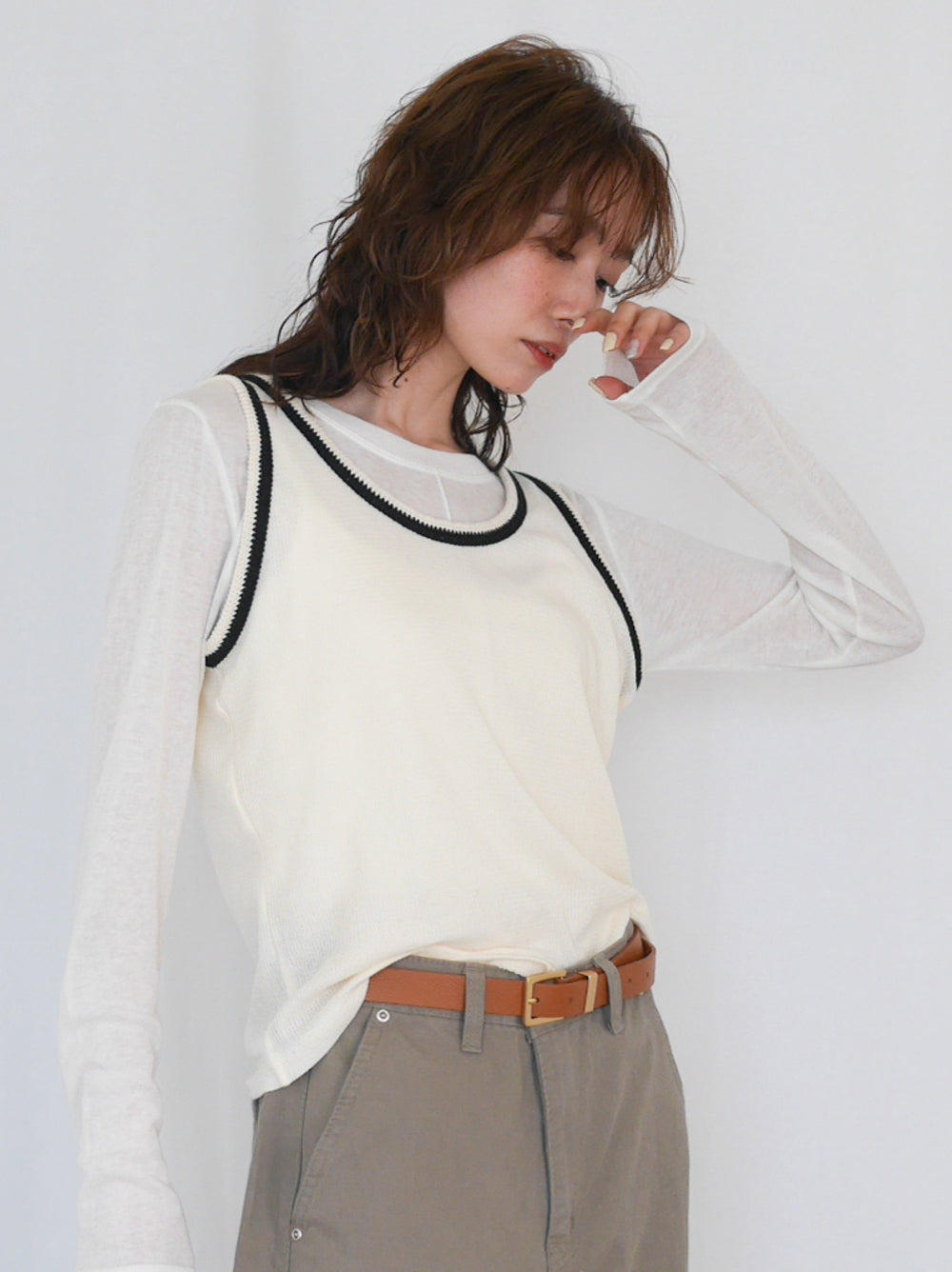 Bicolor sleevelessワッフルニットトップス
