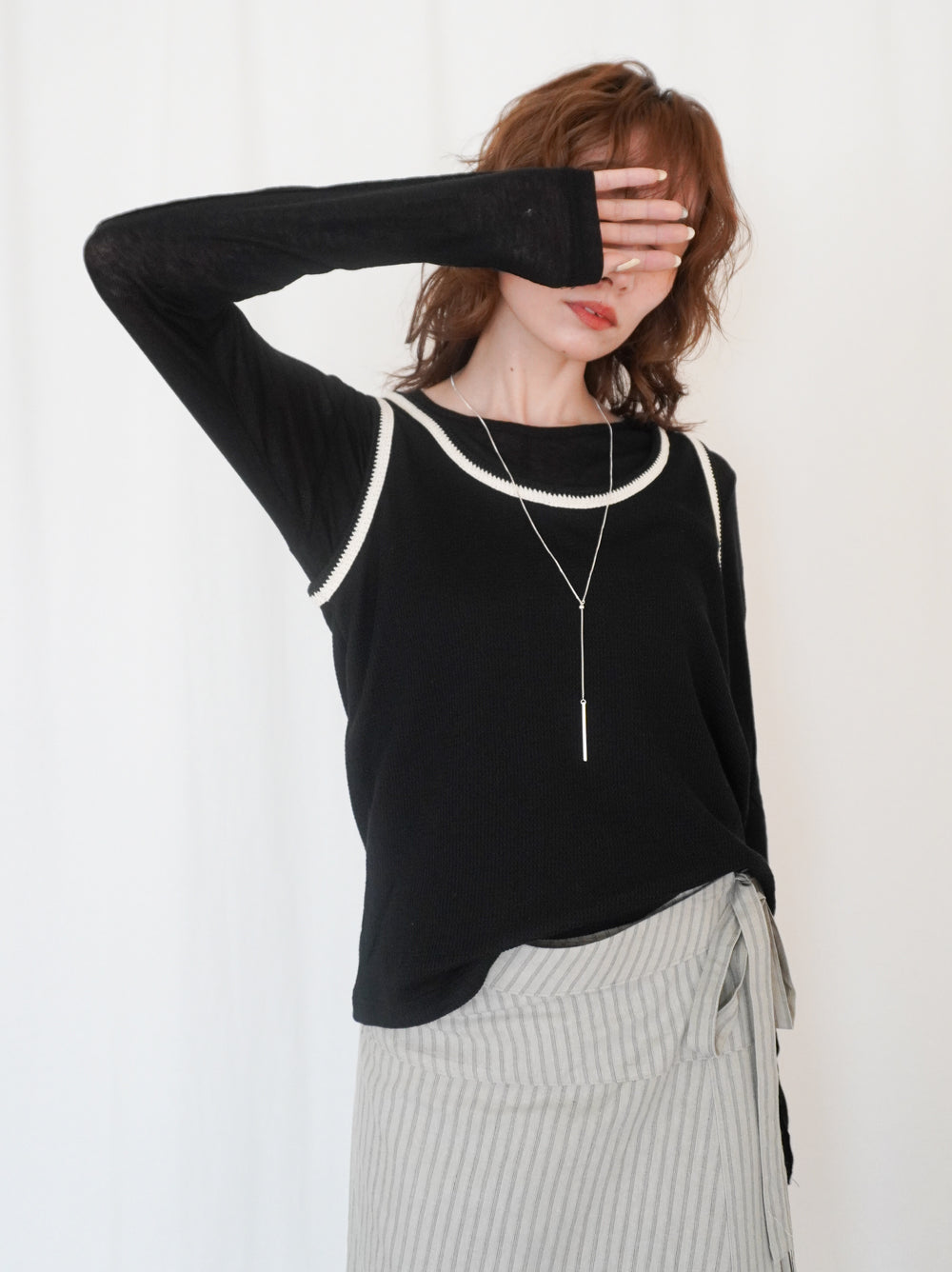 Bicolor sleevelessワッフルニットトップス