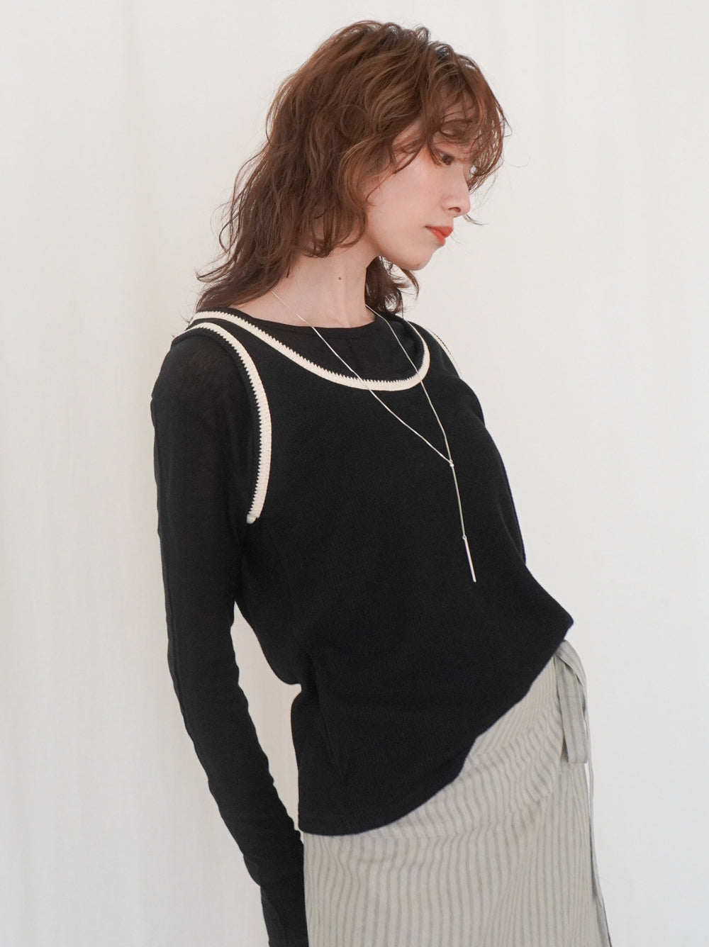 Bicolor sleevelessワッフルニットトップス