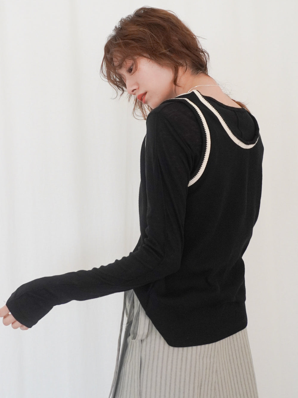 Bicolor sleevelessワッフルニットトップス