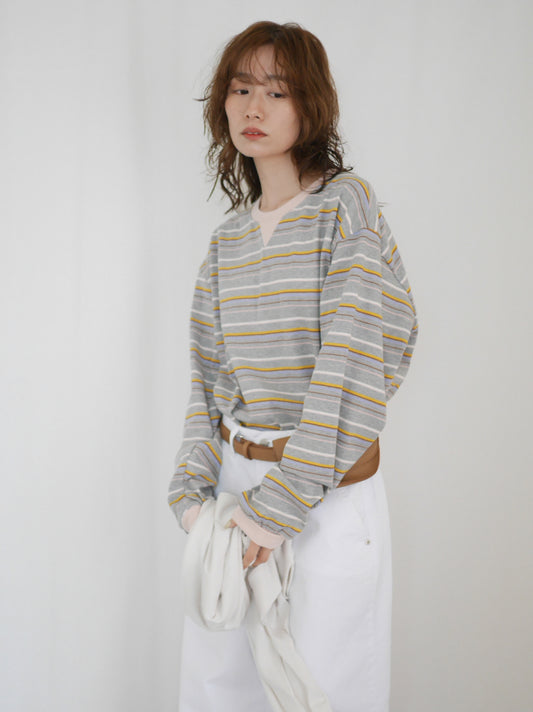 Big silhouette マルチボーダーVガゼットロングTシャツ