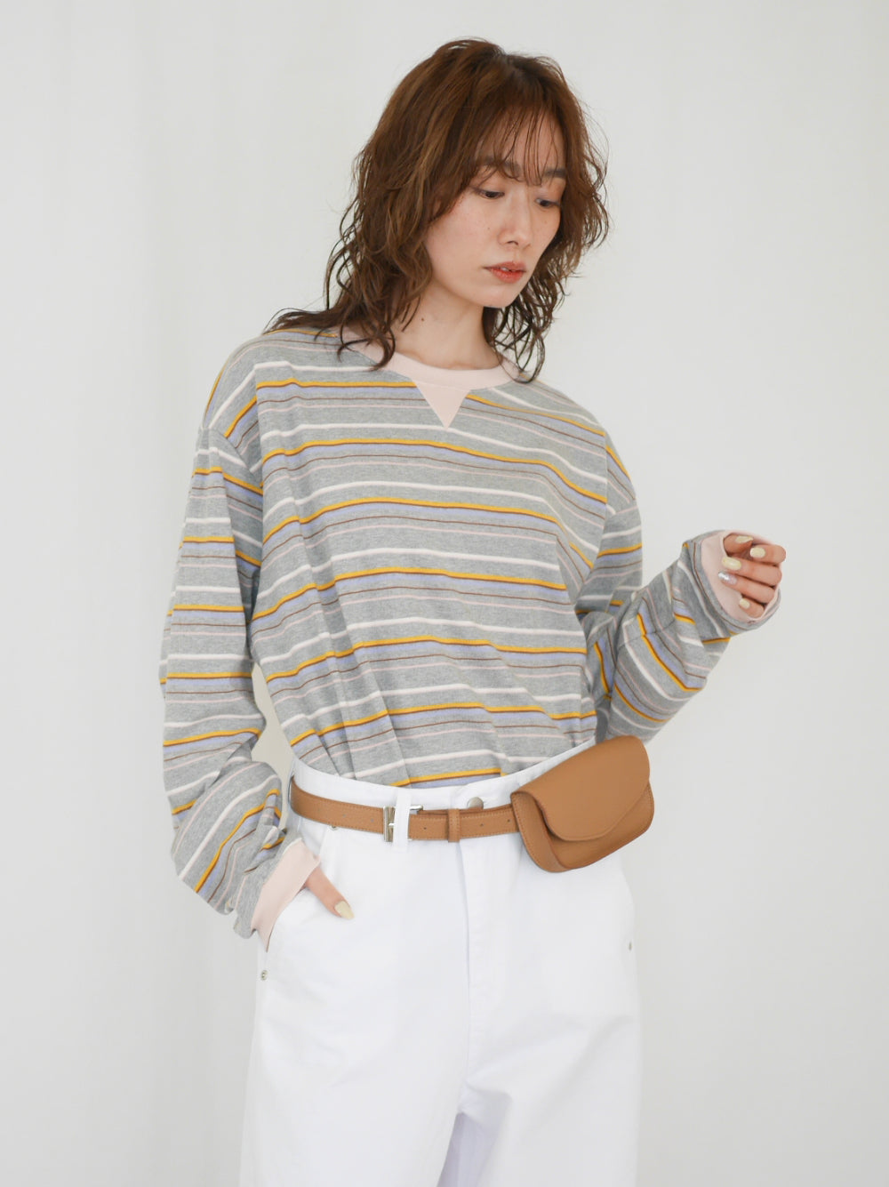 Big silhouette マルチボーダーVガゼットロングTシャツ