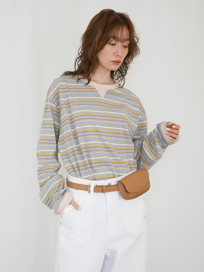 Big silhouette マルチボーダーVガゼットロングTシャツ