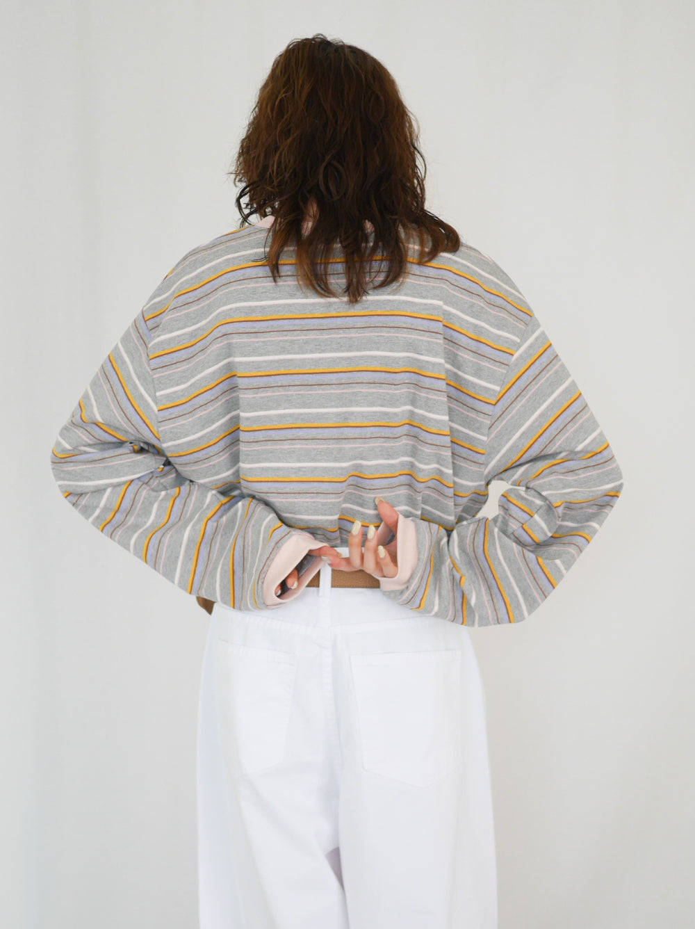 Big silhouette マルチボーダーVガゼットロングTシャツ