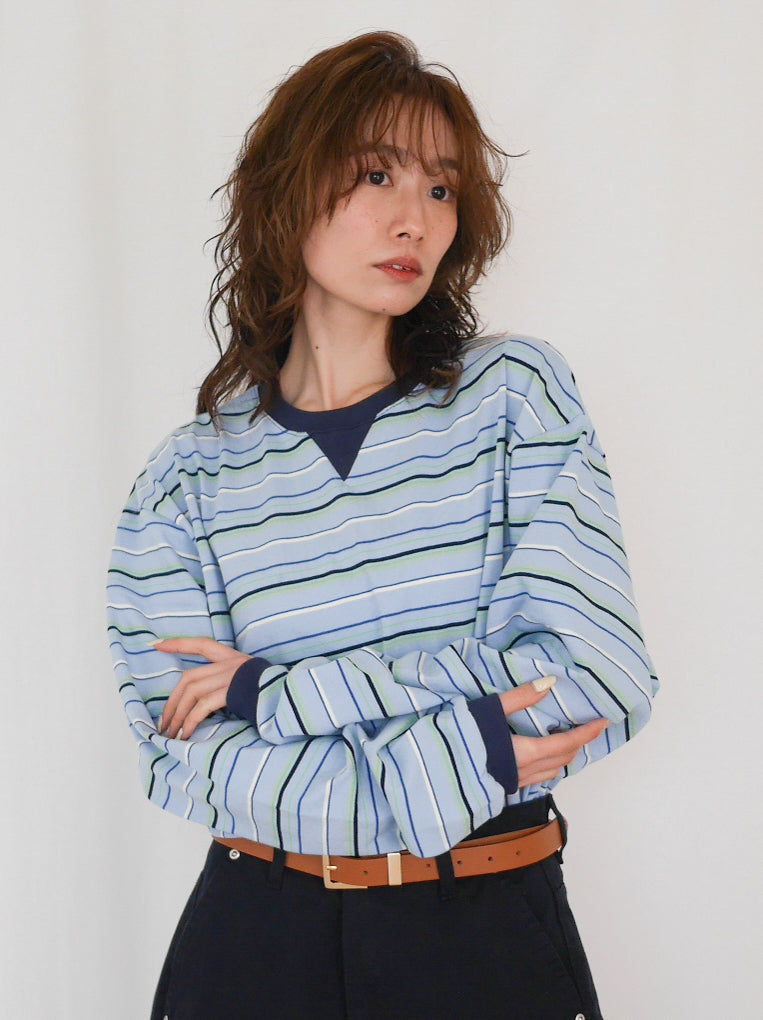 Big silhouette マルチボーダーVガゼットロングTシャツ